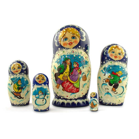 Set of 5 Family Christmas Celebration Wooden Nesting Dolls 6.5 Inches , dimensions in inches: 3 x 7 x 3