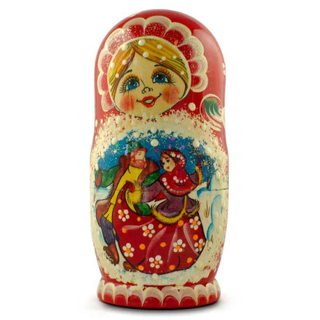 Set of 5 Dancing Couple in Winter Village Nesting Dolls 6.5 Inches , dimensions in inches: 5.5 x 5.5 x