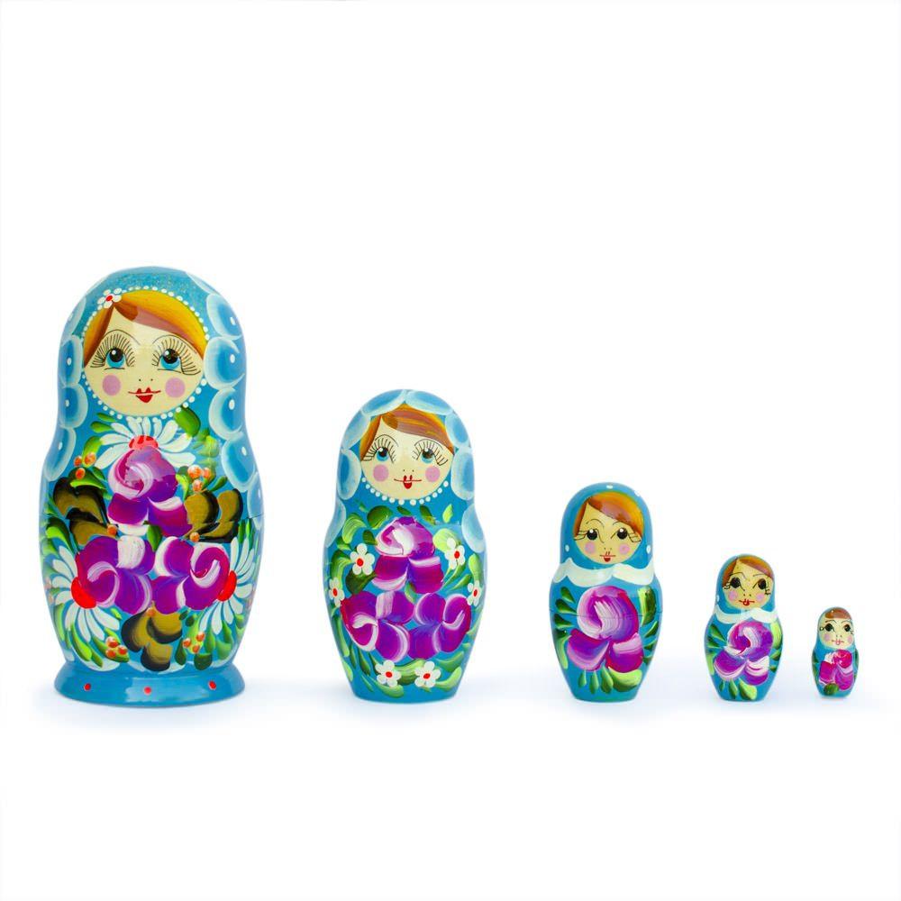 Wood Set of 5 Iris Nesting Dolls 6 Inches in Multi color