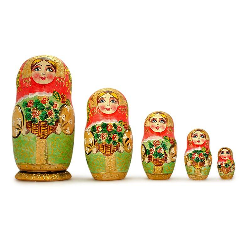 5 Girls with Basket Flowers Nesting Dolls  6.5 Inches in  color