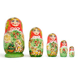 Set of 5 Girls with Cats Wooden Nesting Dolls 6.5 Inches in Multi color