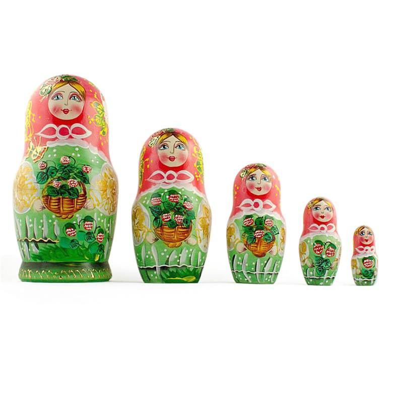 Wood Set of 5 Flowers Basket Nesting Dolls 6.5 Inches in Multi color
