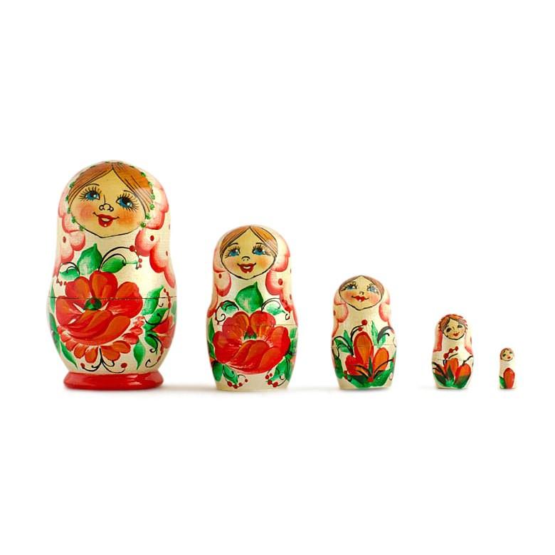 Set of 5 Red Poppy Flowers Dress Wooden Nesting Dolls 3.5 Inches in Multi color,  shape