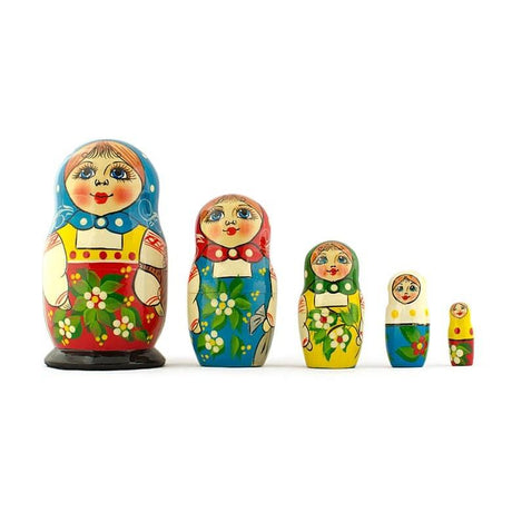 Wood Set of 5 Folk Girls Wooden Nesting Dolls 5.5 Inches in Multi color
