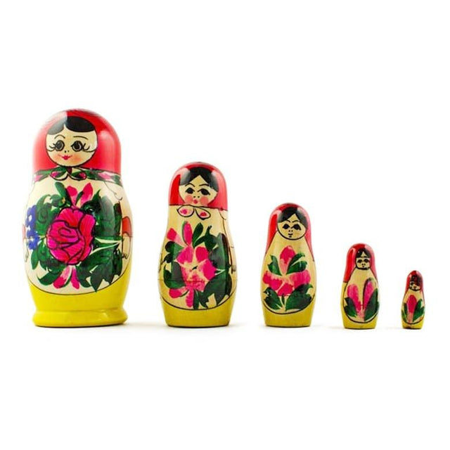 Wood Set of 5 Traditional  Nesting Dolls 4.5 Inches in Red color