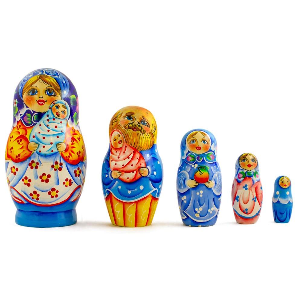 Set of 5 Newborn Baby Wooden Nesting Dolls Matryoshka 6.5 Inches in Multi color