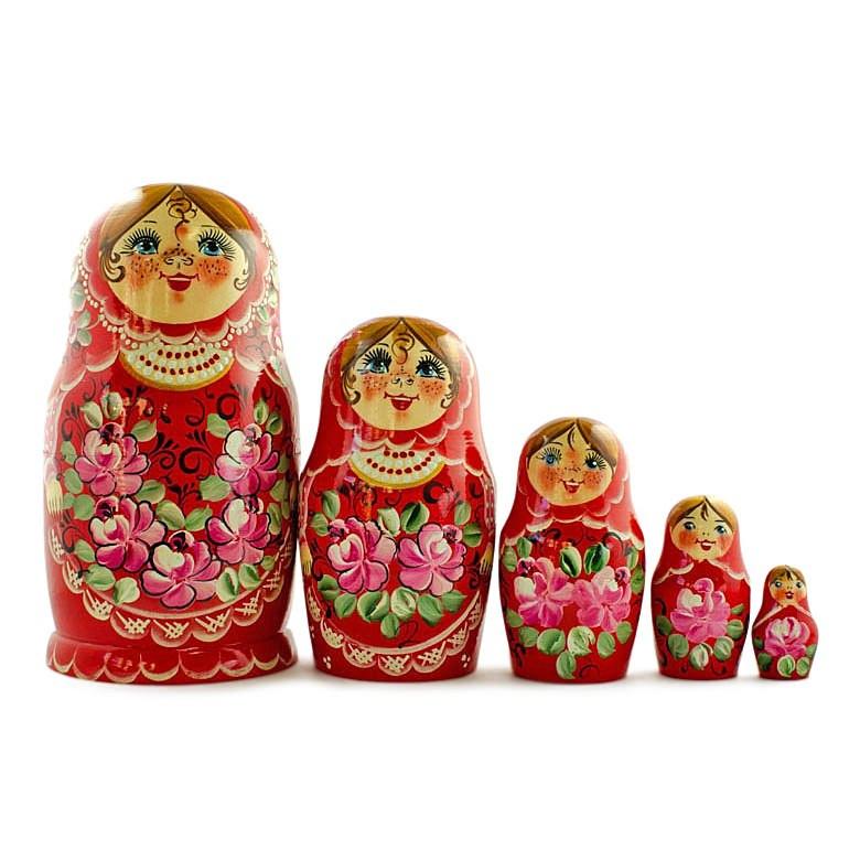 Set of Girls in Red Dress Wooden Nesting Dolls 7 Inches in Red color