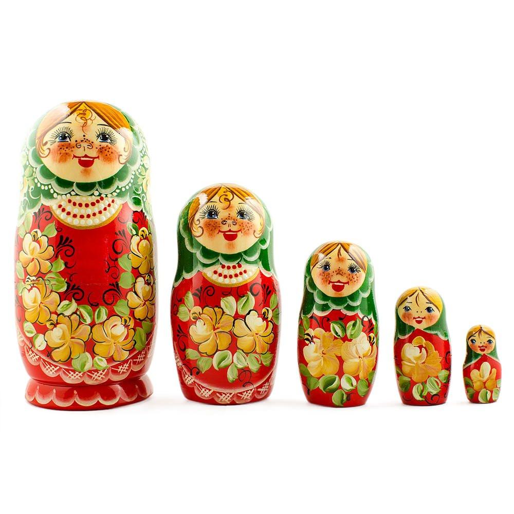 5 Girl with Green Scarf and Red Dress Wooden Nesting Dolls 7 Inches in Multi color