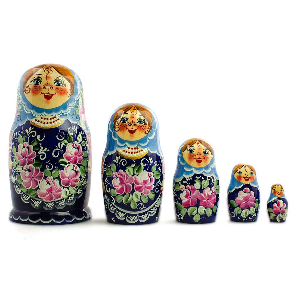 Set of 5 Blue Floral Dress Girls Wooden Nesting Dolls 7 Inches in blue color,  shape