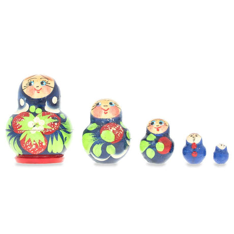 Wood 5 Miniature Strawberry Blue Dress Nesting Dolls 1.75 Inches in Blue color