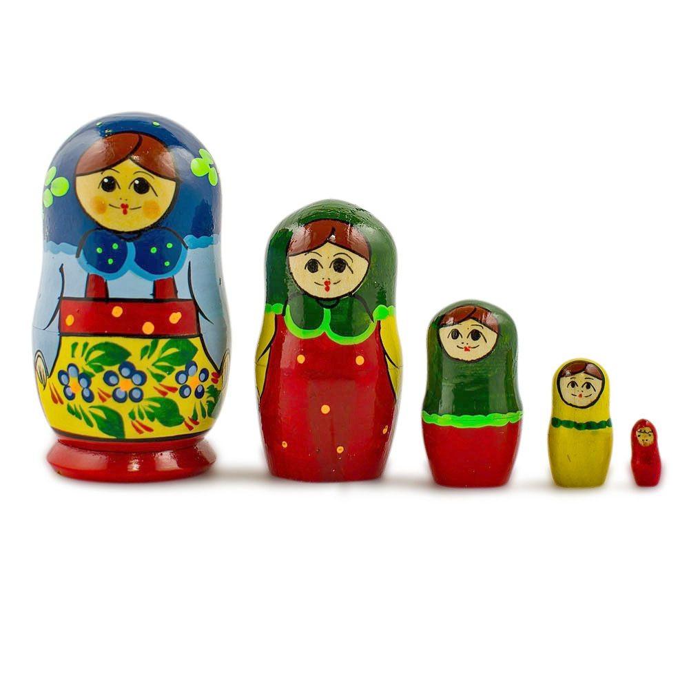 Wood Set of 5 Babushka in Blue Scarf Nesting Dolls 4 Inches in Multi color