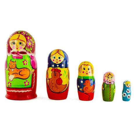 Set of 5 Girls with Cat, Rooster and Duck Animals Nesting Dolls 6 Inches in Multi color
