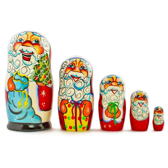 Set of 5 Cheerful Santa Wooden Nesting Dolls 7 Inches in Multi color,  shape
