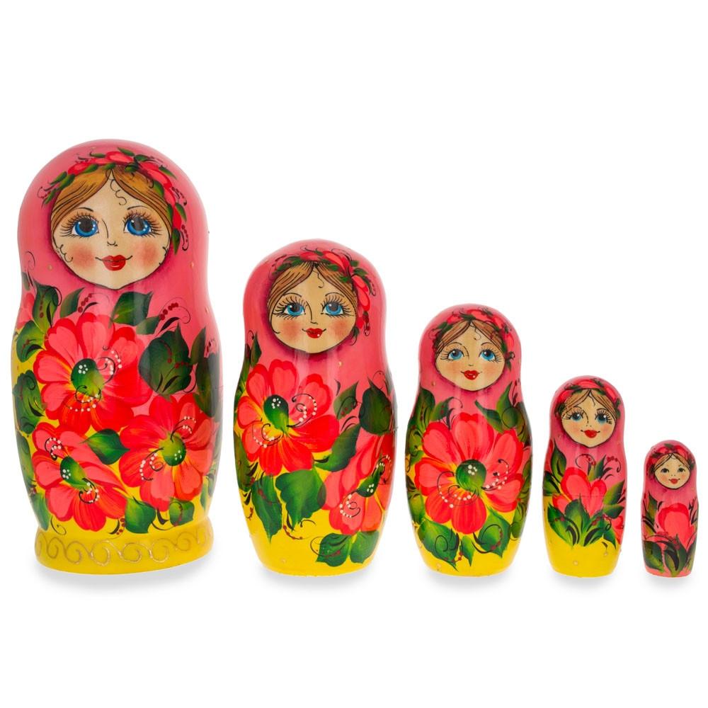 Wood Set of 5 Pink Scarf and Yellow Dress Wooden Nesting Dolls 7 Inches in Pink color