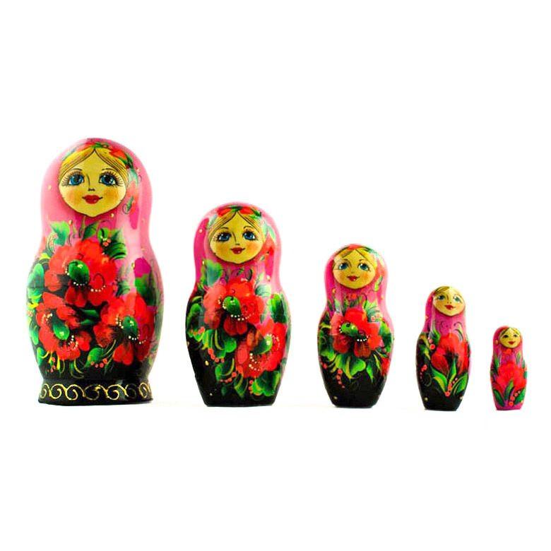 Set of 5 Pink Scarf with Poppy Flowers  Nesting Dolls 7 Inches in Pink color