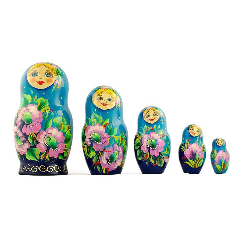 5 Turquoise Scarf with Poppy Flowers  Nesting Dolls 7 Inches in Blue color,  shape