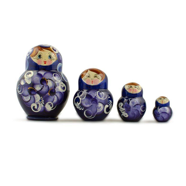 Set of 4 Miniature Wooden Nesting Dolls Matryoshka in Blue Dress  3 Inches in Blue color