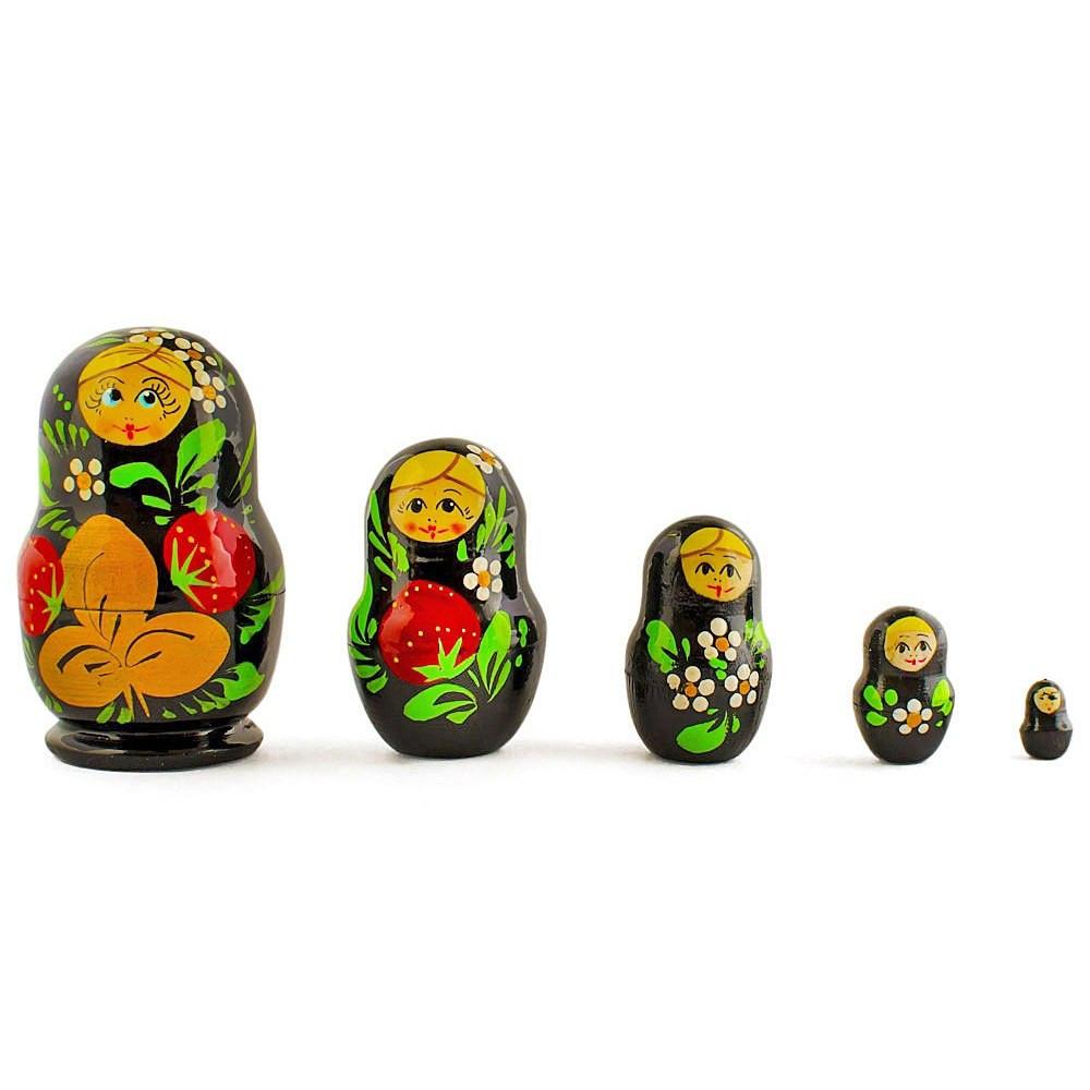 Wood Set of 5 Strawberries Nesting Dolls 3.5 Inches in Black color