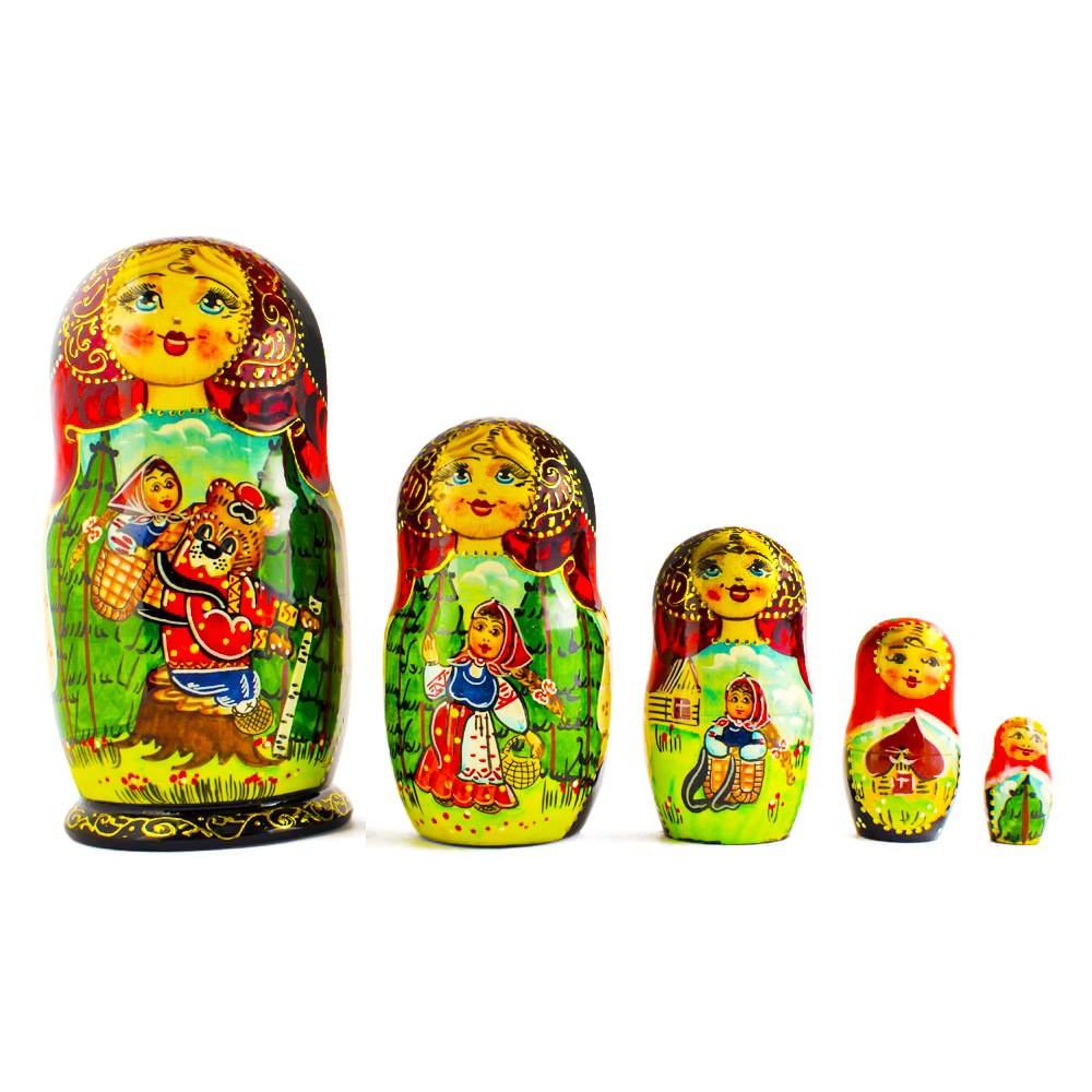 Wood Set of 5 Red Riding Hood Wooden Nesting Dolls Matryoshka 6.5 Inches in Multi color