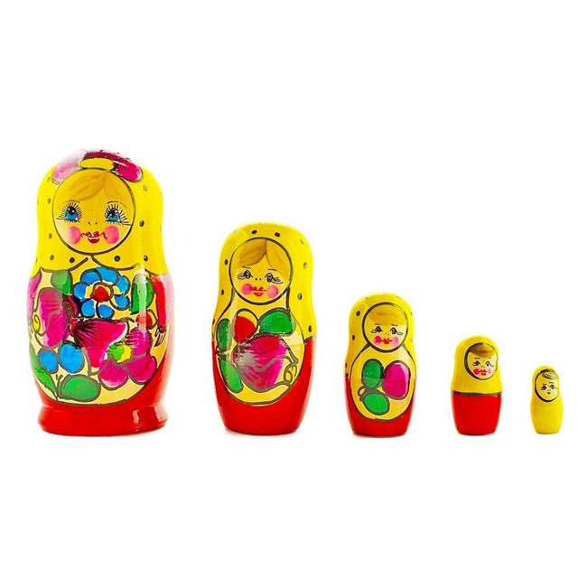 Wood Set of 5 Traditional in Yellow Scarf Nesting Dolls 6 Inches in Yellow color