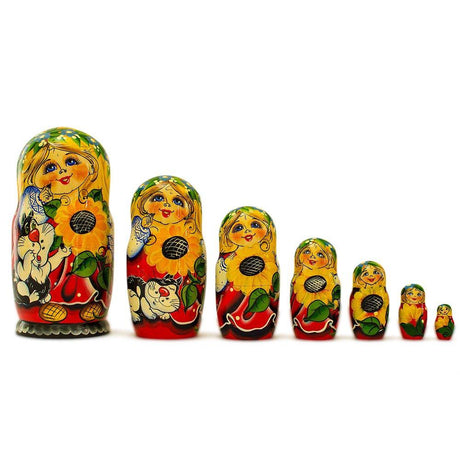 Set of 7 Yana with Cat in Red Dress Nesting Dolls 8.5 Inches in red color,  shape