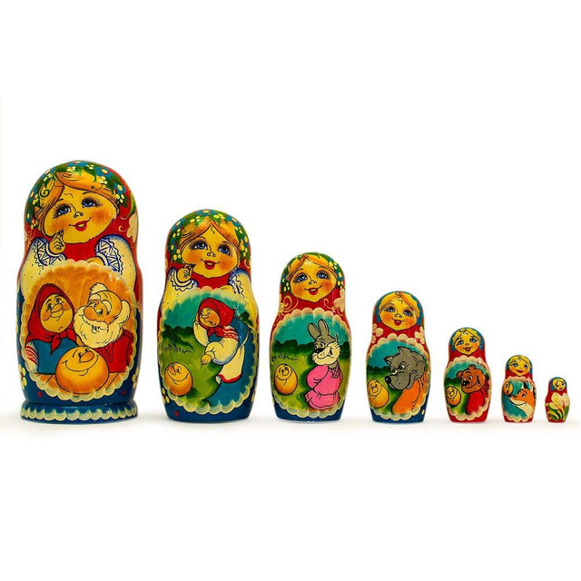 Set of 7 Kolobok Fairy Tale Wooden Nesting Dolls 8.5 Inches in Multi color,  shape