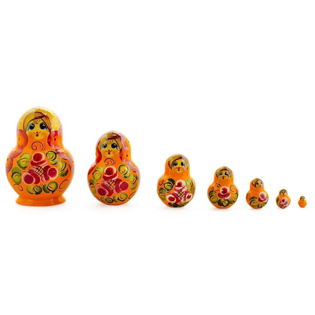 Set of 7 Orange and Red Dress Wooden Nesting Dolls 3.5 Inches in red color,  shape