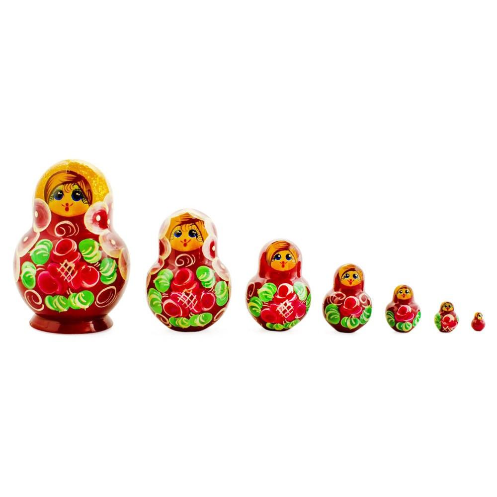 Wood Set of 7 Red and Green Dress  Nesting Dolls 3.5 Inches in Red color