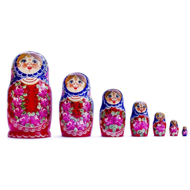 Set of 7 Blue Scarf Red Dress  Nesting Dolls 8.5 Inches in red color,  shape