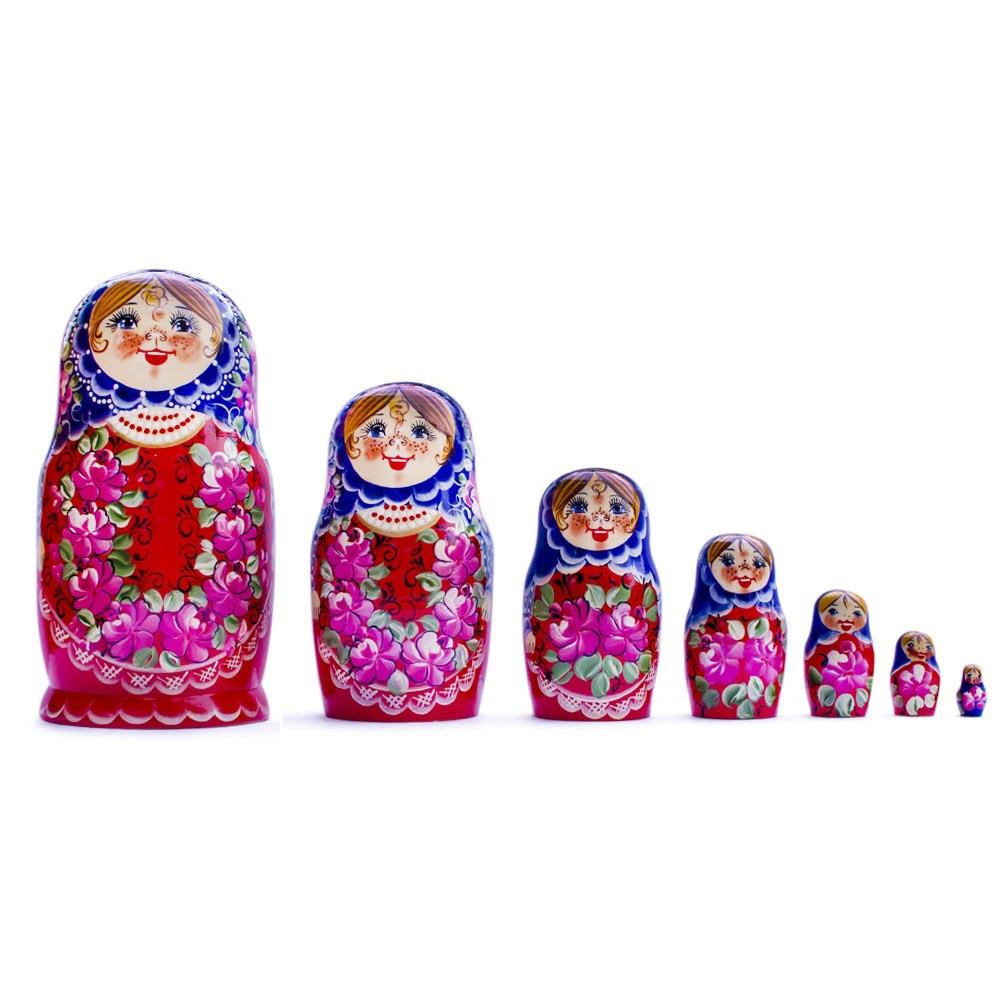 Set of 7 Blue Scarf Red Dress  Nesting Dolls 8.5 Inches in Red color