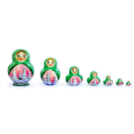 Set of 6 Horse in Winter Forest Green Dress Nesting Dolls 6 Inches in Green color