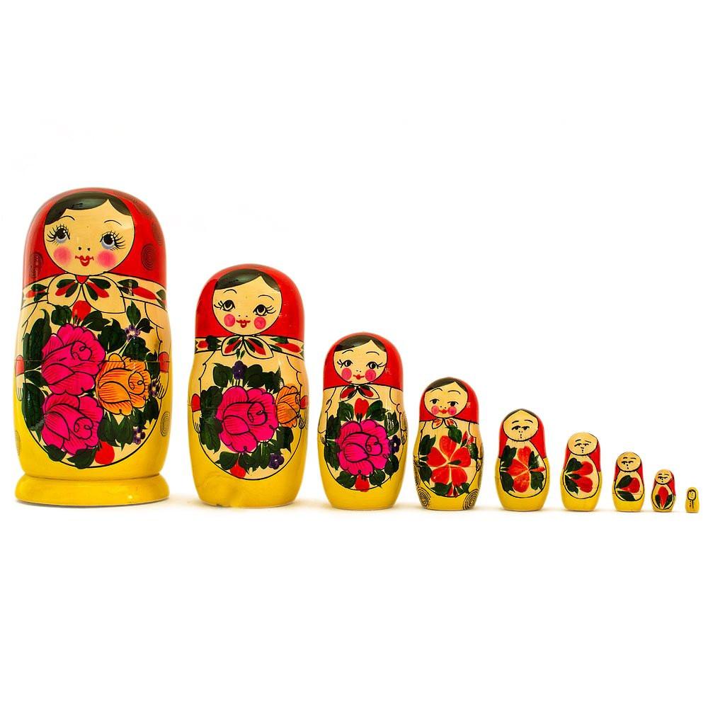 Set of 9 Traditional Semenov Wooden Nesting Dolls 10 Inches in Red color,  shape