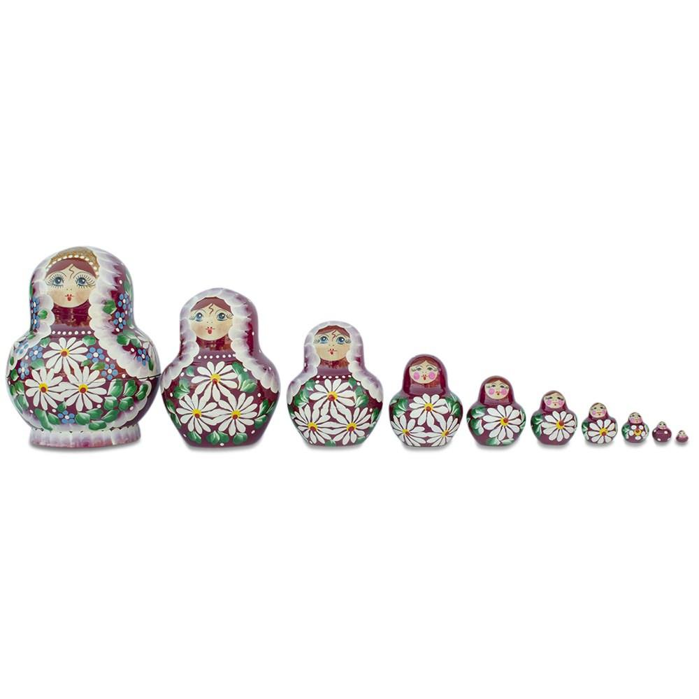 Set of 10 Daisy Flowers on Red Dress Nesting Dolls 5.5 Inches in Red color,  shape