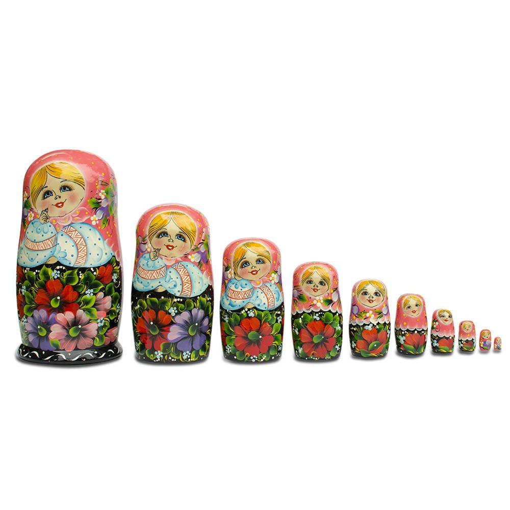Wood 10 Girl in Pink Scarf and Embroidered Blouse Nesting Dolls 11 Inches in Multi color