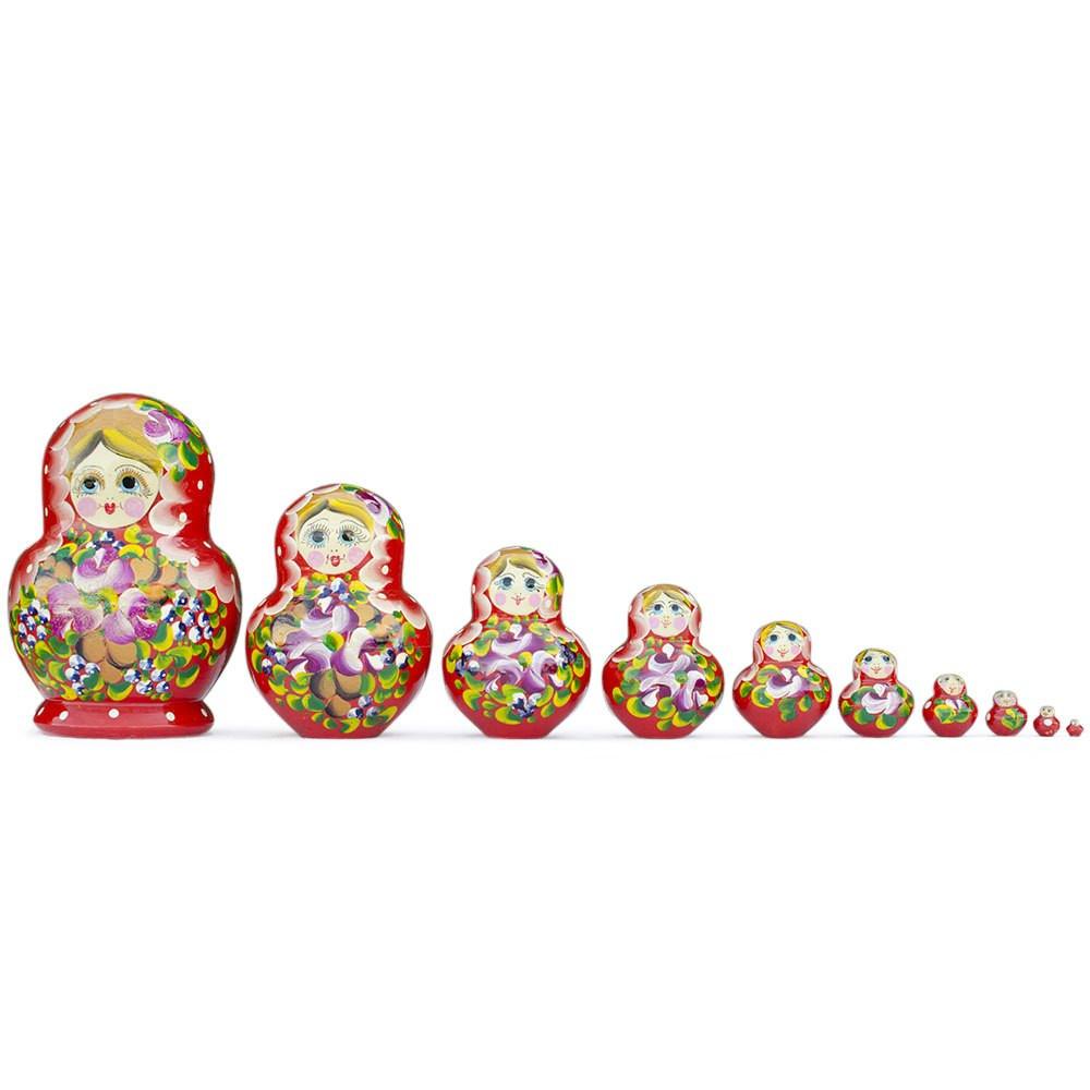 Set of 10 Red Bouquet of Flowers  Nesting Dolls 6 Inches in Red color