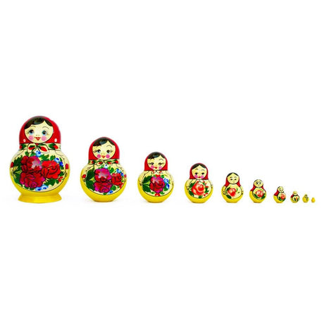 Wood Set of 10 Bouquet of Flowers Nesting Dolls 6 Inches in Red color