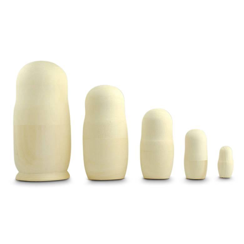 Set of 5 Unpainted Blank Wooden Nesting Dolls 7 Inches in Beige color