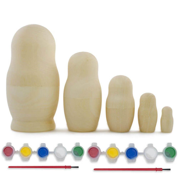 5 Unfinished Wooden Nesting Dolls with Paints DIY Craft Kit 5.75 Inches in Beige color,  shape