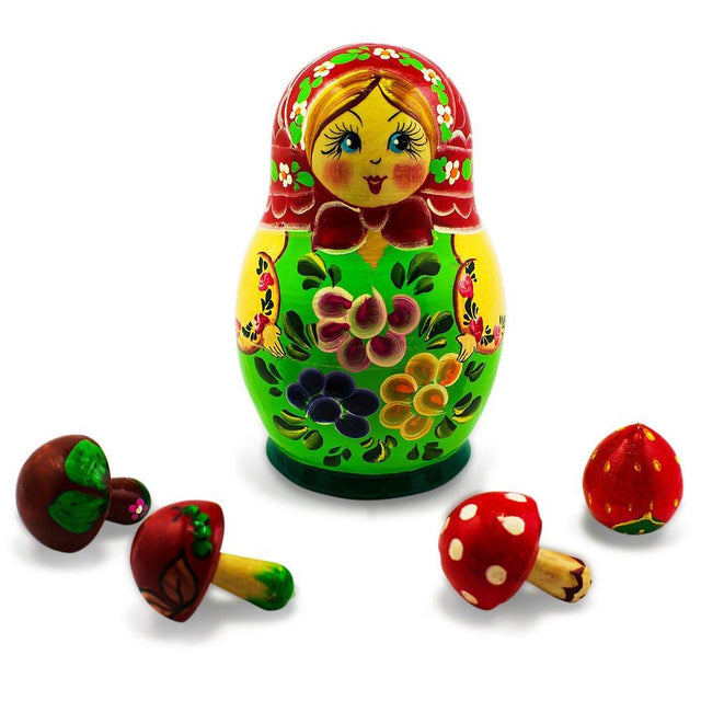The Girl with 4 Mushrooms Wooden Nesting Doll 5 Inches in Multi color,  shape