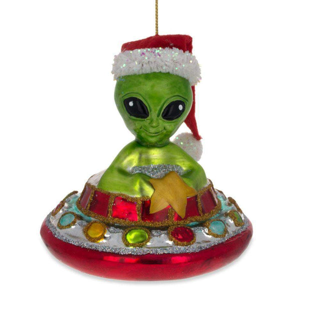 Santa Alien Piloting a Saucer UFO - Blown Glass Christmas Ornament in Multi color,  shape