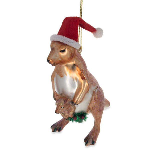 Endearing Santa Kangaroo Mom Carrying Baby in Pouch - Blown Glass Christmas Ornament in Brown color,  shape