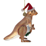 Endearing Santa Kangaroo Mom Carrying Baby in Pouch - Blown Glass Christmas Ornament in Brown color,  shape