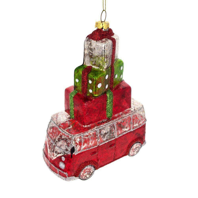 Groovy Hippie's Retro Bus - Blown Glass Christmas Ornament in Red color,  shape