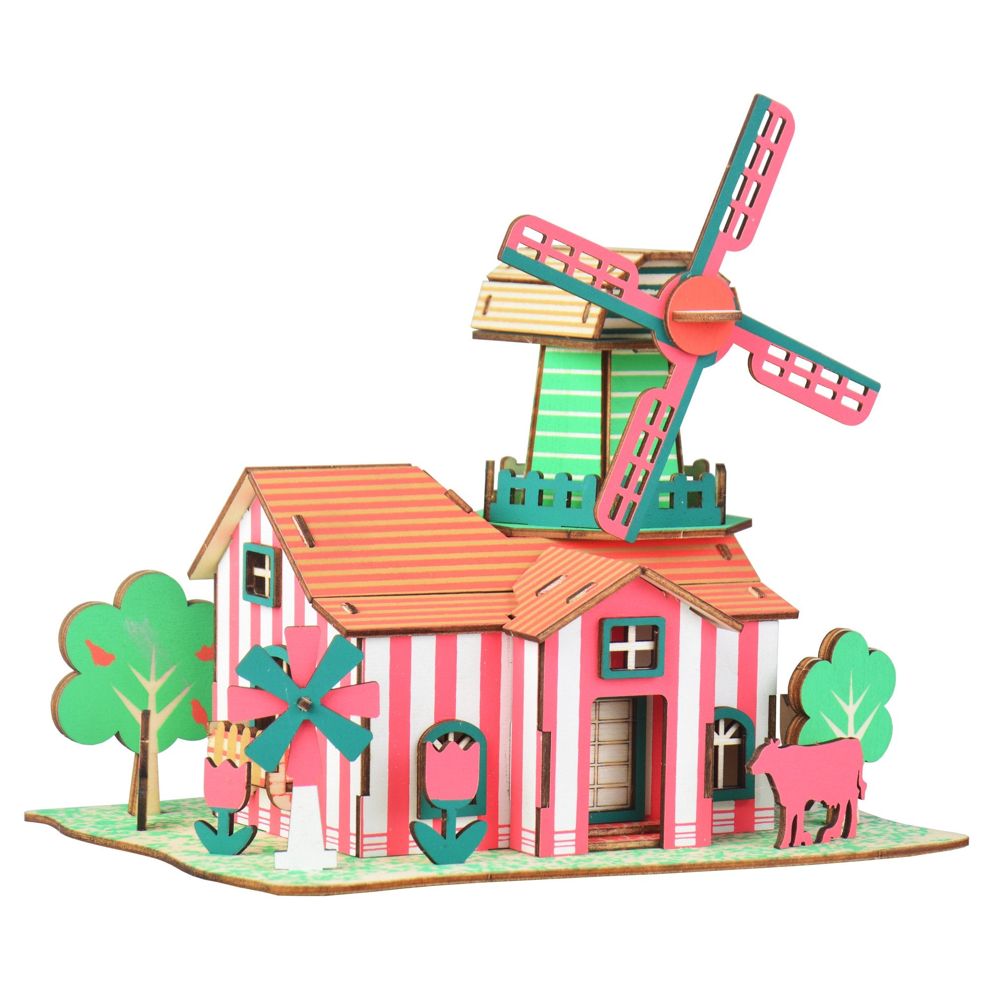 Windmill Model Kit - Wooden Laser-Cut 3D Puzzle (82 Pcs) in Pink color