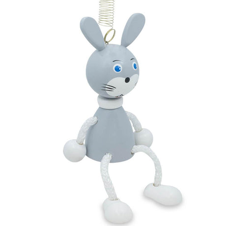 Jumping Rabbit Wooden Doll on a Spring 4 Inches in Gray color,  shape