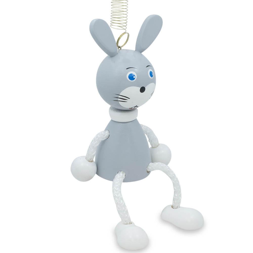 Jumping Rabbit Wooden Doll on a Spring 4 Inches in Gray color