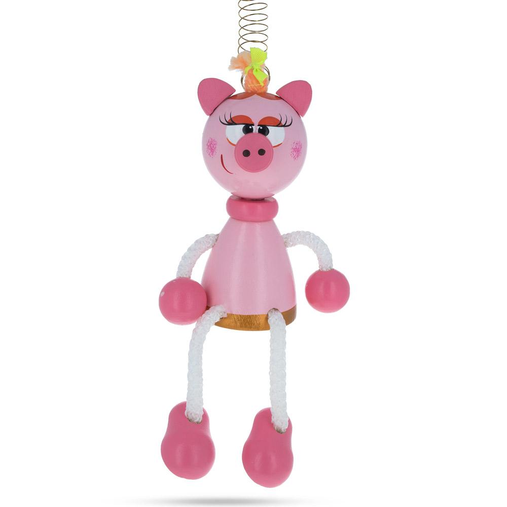 Pig Wooden Doll on a Spring 6 Inches in Pink color