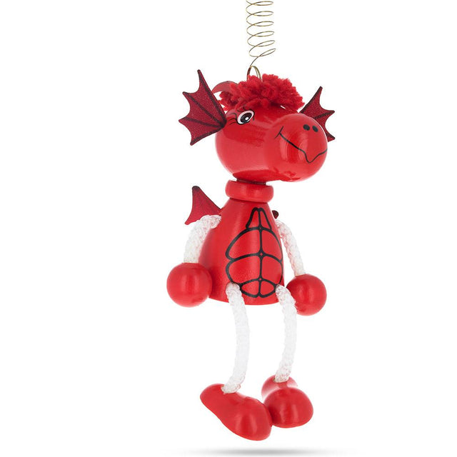 Wood Red Dragon Wooden Doll on a Spring 5.7 Inches in red color