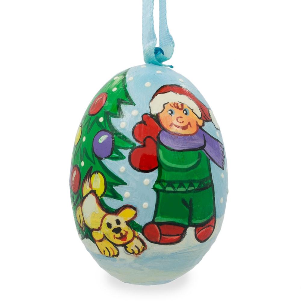 Boy and Dog Decorating Tree Wooden Christmas Ornament in Multi color, Oval shape