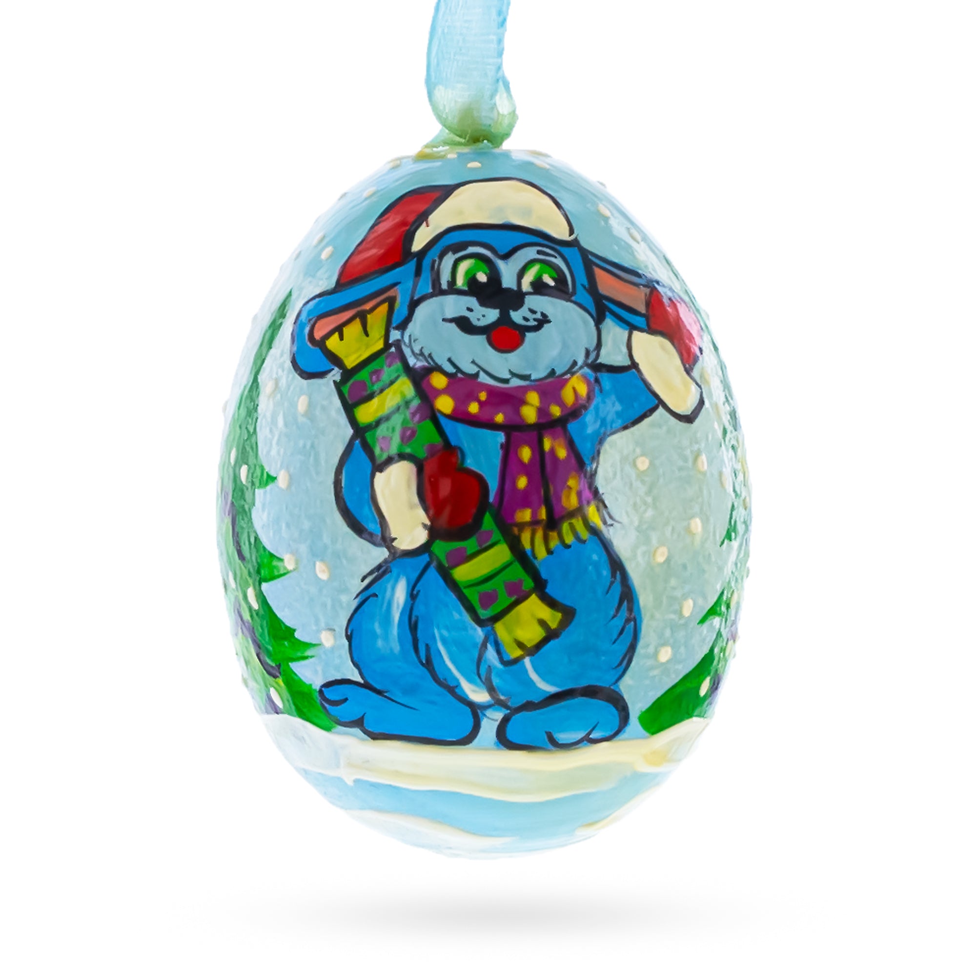 Bunny with Present Wooden Christmas Ornament in Blue color Oval